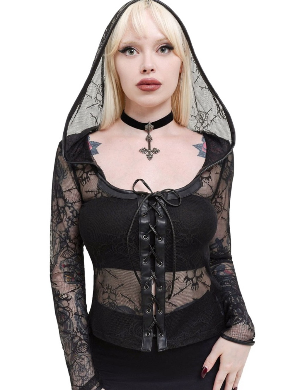 Killstar Goth Punk Faux Leather Lace Up Skull Hooded Top NWT